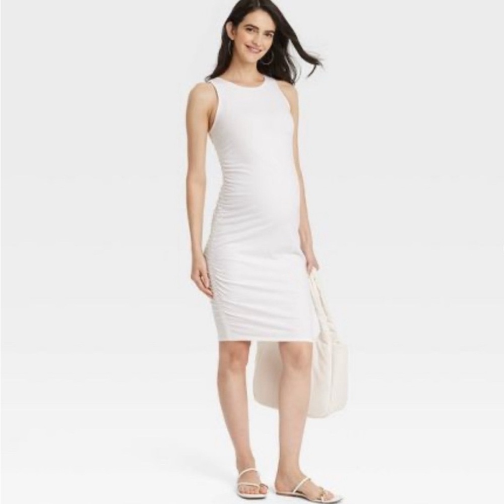 Isabel Maternity White Ruched Sleeveless Bodycon Dress - S